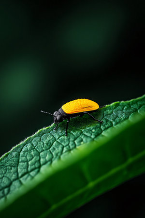 A vibrant yellow beetle is perched on a textured green leaf, surrounded by rich greenery in a serene garden setting. The scene captures the beauty of nature and intricate details of the insect.の写真素材