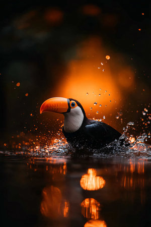 A toucan with a bright orange beak splashes through the water as sunlight reflects off its feathers,...
