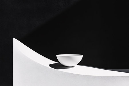 A white bowl rests on a smooth, curved white surface, positioned against a deep black backdrop.の写真素材