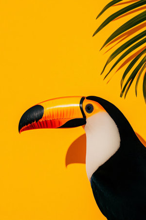 A toucan with a bright orange bill is observed against a vivid yellow backdrop. Tropical leaves add an exotic touch to this striking composition, showcasing the bird's unique features.の写真素材