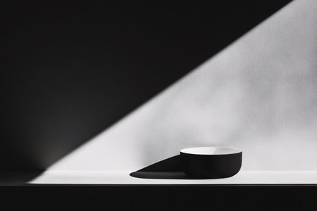A simple black bowl rests on a shelf illuminated by a sharp beam of light, creating high contrast with surrounding shadows. The setting emphasizes modern design and minimalism.の写真素材