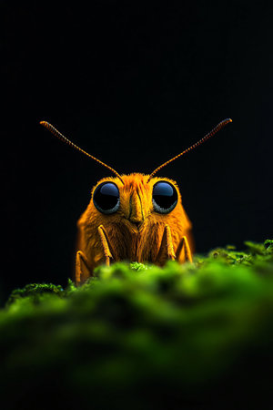 A striking yellow insect rests atop lush green moss, showcasing its large, black eyes.の写真素材