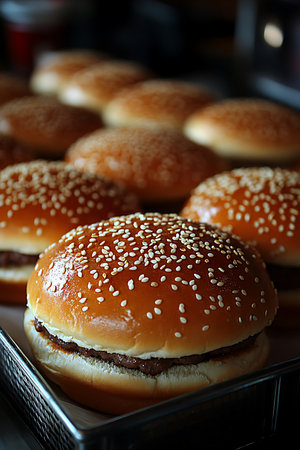 Sesame seed burger buns line a tray in a kitchen, showcasing their golden-brown color and soft texture. These freshly baked buns are perfect for a delicious meal preparation.の写真素材