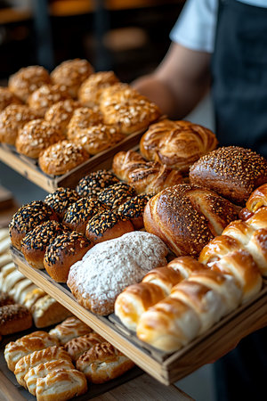 A bakery worker presents an assortment of golden-brown pastries and bread rolls on wooden trays.の写真素材