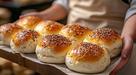 A baker presents a tray of golden-brown bread rolls topped with sesame seeds. The setting is a warm kitchen filled with the aroma of freshly baked goods, creating an inviting atmosphere.の写真素材
