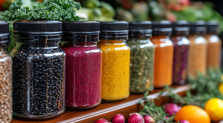 A vibrant display of spice jars lined up on a wooden shelf, showcasing various colors and textures. Fresh vegetables and fruits are visible in the background, enhancing the market atmosphere.の写真素材
