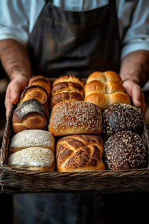A baker presents a beautiful assortment of freshly baked artisanal bread in a wicker basket.の写真素材