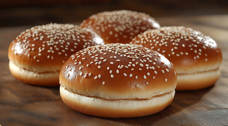 Four soft, golden-brown buns topped with sesame seeds sit on a rustic wooden surface. These freshly baked goods are perfect for sandwiches or burgers.の写真素材