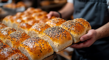 A baker holds a tray of golden-brown bread rolls topped with sesame seeds and poppy seeds. The bakery is bustling with customers eager for fresh pastries in the morning.の写真素材