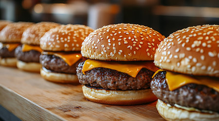 Several cheeseburgers with melted cheese and sesame seed buns are arranged neatly on a wooden board. The setting is lively, highlighting the deliciousness and freshness of the food.の写真素材