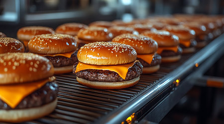 A production line displays freshly grilled cheeseburgers with melted cheese, ready for assembly. The bustling kitchen exudes the aroma of grilled beef, creating a lively atmosphere.の写真素材