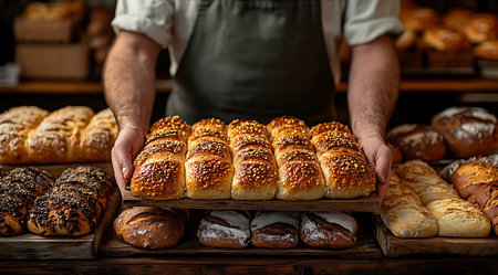 A skilled baker presents a platter of golden bread rolls topped with seeds, surrounded by various baked goods. The warm atmosphere of the bakery invites customers to enjoy fresh pastries.の写真素材