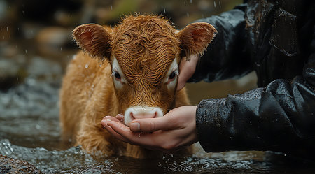A small calf is drinking water from a person's hands while standing in a stream surrounded by greenery. The scene captures a peaceful moment between human and animal in nature.の写真素材
