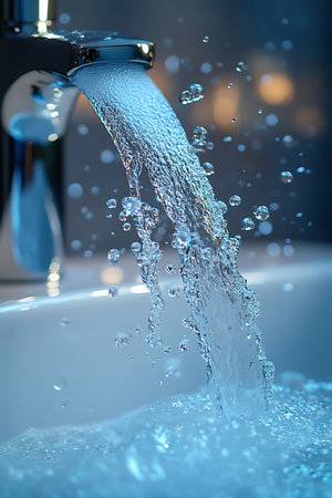 Water cascades from a polished faucet, creating bubbles and ripples in a quiet bathroom. Soft blue light enhances the calming atmosphere, making it a perfect escape for relaxation.の写真素材