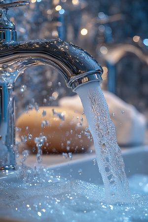 A shiny faucet releases a steady stream of clear water into a white sink, creating splashes and bubbles. The background is blurred with soft lighting, enhancing the tranquil atmosphere.の写真素材