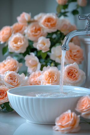 Water flows smoothly from a faucet into a white bowl, surrounded by delicate roses. The soft colors create a serene and peaceful atmosphere in a tranquil setting.の写真素材