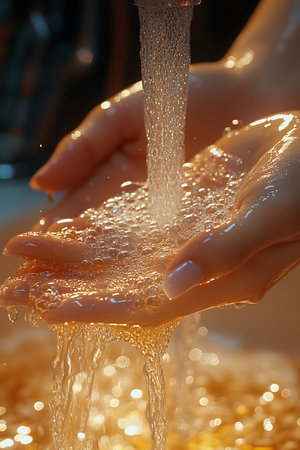 Hands are placed under a gentle stream of water in a cozy kitchen. The warm light highlights the droplets as they cascade. This moment showcases a simple yet tranquil morning routine.の写真素材