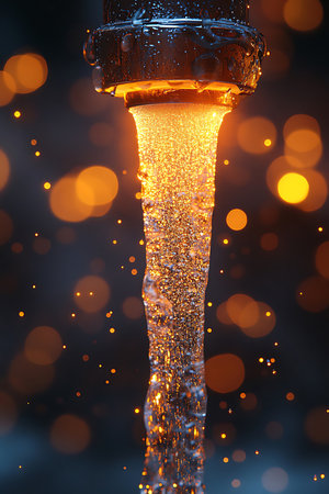 Water cascades from a metal faucet, sparkling under warm illumination, while droplets catch the light, creating a mesmerizing display. The background features soft glowing bokeh effects.の写真素材