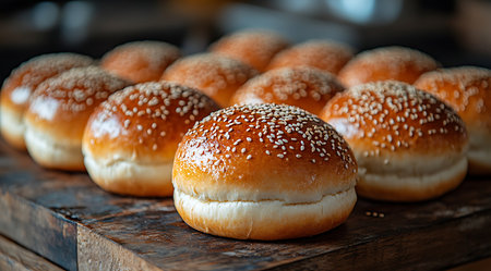 Golden sesame seed buns are neatly arranged on a rustic wooden surface. The warm kitchen ambiance enhances the appeal of these freshly baked goods, tempting anyone nearby.の写真素材