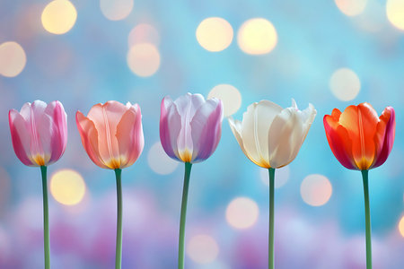 Five vibrant tulips in shades of pink, purple, white, and red stand tall, showcasing their delicate petals. The soft bokeh creates a dreamy, colorful backdrop, enhancing their natural beauty.の写真素材