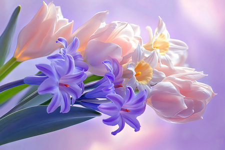A vibrant display of spring flowers features delicate tulips, cheerful daffodils, and fragrant...