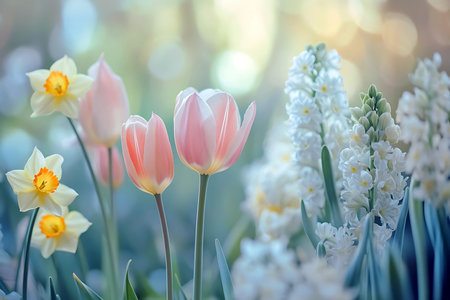 A garden filled with pink tulips, yellow daffodils, and white hyacinths showcases the beauty of...