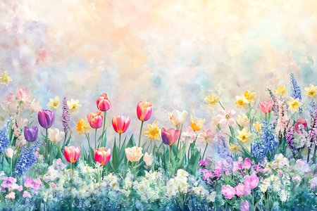 A breathtaking display of various flowers including tulips and daffodils flourishes in a tranquil garden setting.の写真素材