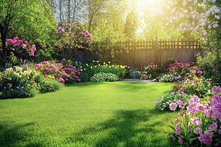 Colorful flowers create a picturesque garden scene filled with blooming plants and a lush green lawn. Sunlight filters through trees, casting a warm glow on the vibrant landscape.の写真素材