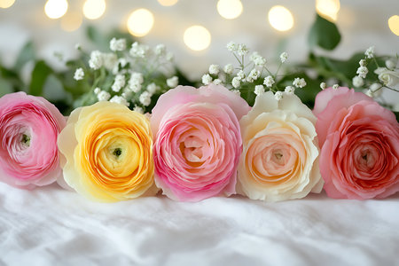 Vibrant ranunculus flowers in shades of pink, yellow, and white are arranged in a row, creating a...