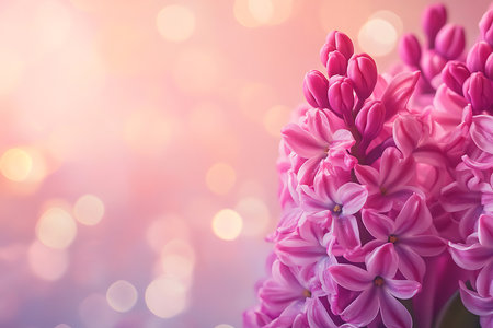 Delicate pink flowers showcase intricate petals against a soft, blurred background of warm colors. The atmosphere is serene, evoking feelings of tranquility and beauty.の写真素材