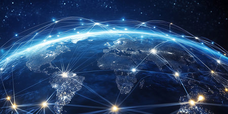 The visualization showcases Earth with illuminated network connections symbolizing global...