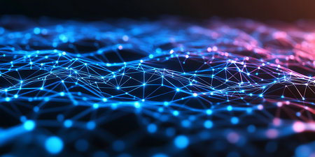 Colorful lines and nodes create a dynamic representation of interconnected networks. The design showcases a harmonious blend of blue and pink tones, illustrating complex data relationships.の写真素材