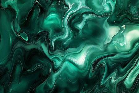 A vibrant abstract design features swirling shades of green, creating a sense of fluid movement and depth. The glossy surface reflects light, enhancing its calming effect and visual appeal.の写真素材