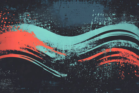 Bright red and turquoise brush strokes flow across a dark background, creating an eye-catching abstract design. The contrast adds depth and energy, making it suitable for artistic projects.の写真素材