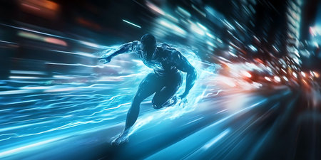 A figure in sleek attire races through a bustling city, leaving trails of blue light. The urban...