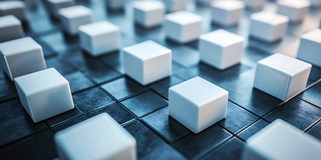 White cubes are strategically placed across a textured dark tile surface, showcasing a contemporary...