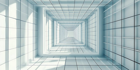A modern architectural space features a grid-patterned ceiling viewed from below, creating a sense of depth and infinity. Soft light enhances the clean lines and shapes, offering a futuristic feel.の写真素材