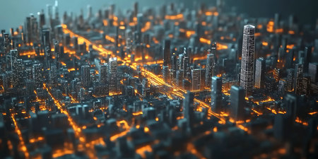 A sprawling city skyline displays countless skyscrapers adorned with bright lights, creating a lively atmosphere at night. The grid layout of streets is visible, enhancing the urban vibe.の写真素材