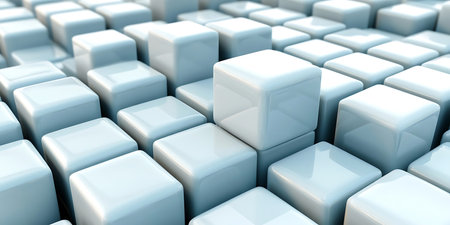 A grid of glossy cubes reflects light in a digitally created space. Each cube casts unique shadows,...