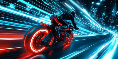 A rider accelerates a futuristic motorcycle through a vibrant, neon-lit cityscape at night. Motion...