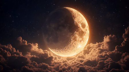 A bright crescent moon illuminates the night sky, casting a warm glow over fluffy clouds. Stars twinkle in the dark backdrop, creating a serene nighttime atmosphere.の写真素材