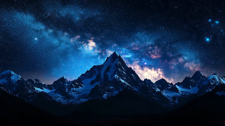 Bright stars illuminate the dark night sky above towering mountain peaks. The milky way stretches...