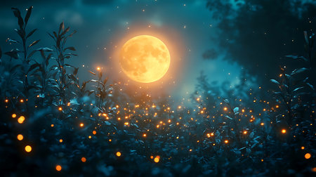 Fireflies illuminate a lush garden while a full moon casts a soft glow in the night sky, creating a...