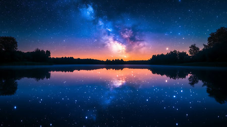A breathtaking view of the night sky filled with stars and the Milky Way, mirrored perfectly in a...
