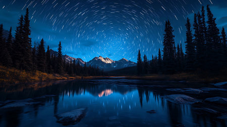 A stunning night sky showcases trails of stars above a serene mountain landscape. The reflection in...