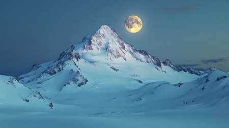 Snow-covered mountain peaks rise majestically against a twilight sky, illuminated by a glowing full...