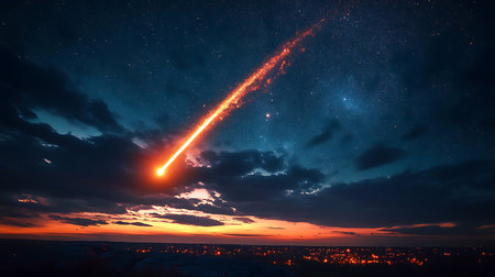 A bright meteor streaks across the night sky, glowing orange as it descends. The small town below is...