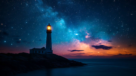 A tall lighthouse stands on a rocky shore as its beam cuts through the dark night. Stars glitter in...