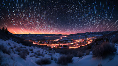 A stunning view captures star trails forming circular patterns above a quiet valley village. The...