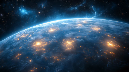 A captivating view reveals a distant planet glowing with vibrant colors and illuminated landscapes.